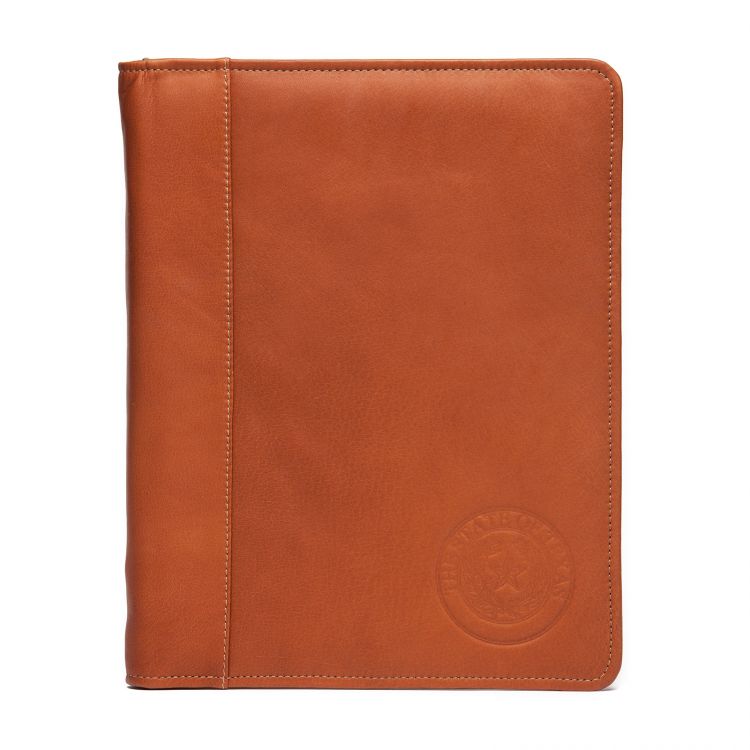 Texas State Seal Leather Padded Cover Zippered Portfolio - Saddle