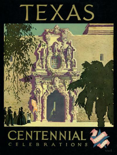 20th Century Graphic Designer Texas Centennial Celebrations poster of people in front of a mission facade