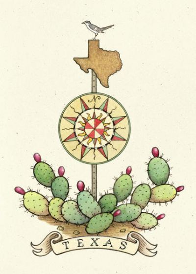 Aletha St. Romain Texas Compass Rose Sign with Prickly Pear Cactus and Mockingbird