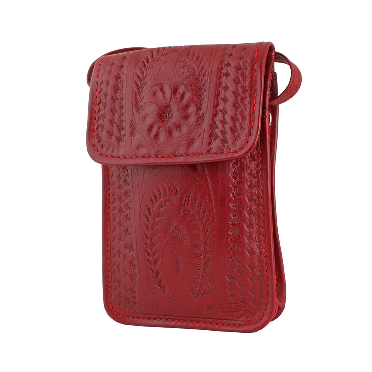Tooled Leather Crossover Purse - Red