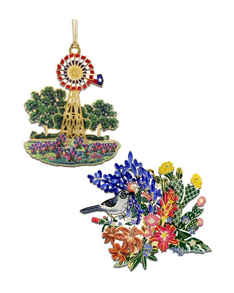 Texas Windmill and Mockingbird Wildflower Ornament Bundle
