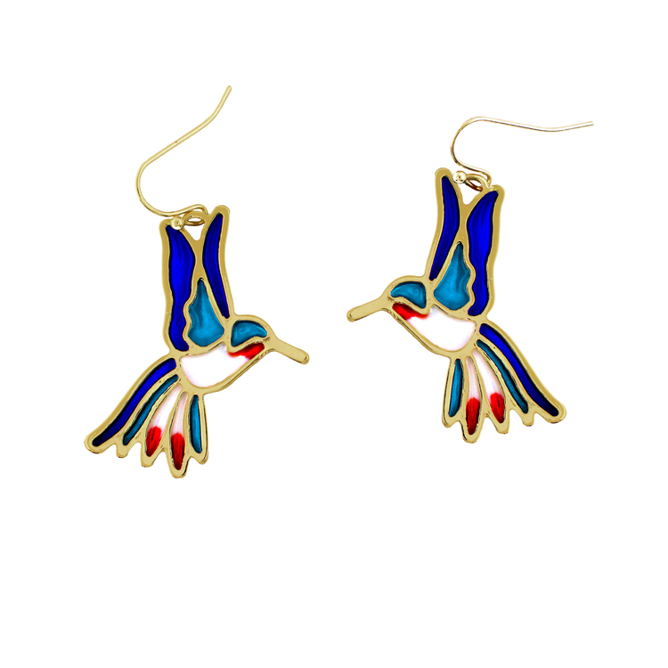 Stained Glass Gold Hummingbird Earrings