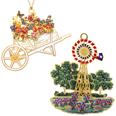 Texas Windmill and Wheelbarrow Wildflower Ornament Bundle